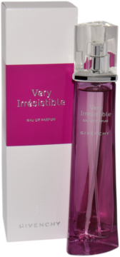 Różowa woda perfumowana Givenchy Very Irresistible w wysokiej butelce, obok białego pudełka.