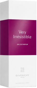 Givenchy Very Irresistible Eau de Parfum w biało-fioletowym pudełku z logo, widok z przodu pod kątem.