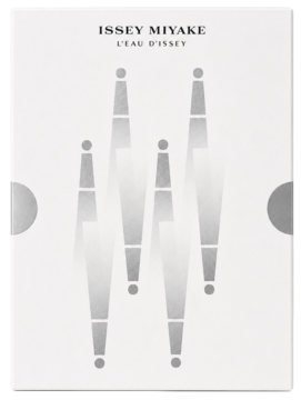 Biały zestaw perfum Issey Miyake L'eau d'Issey, front opakowania z falistym, srebrnym wzorem.