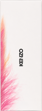 Kenzo Jeu d'Amour woda perfumowana, białe pudełko z delikatnym różowo-pomarańczowym wzorem piór, widok z przodu.