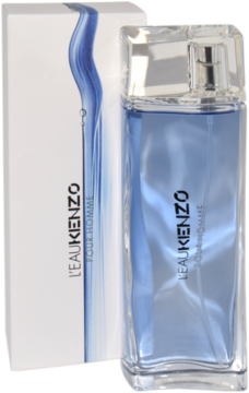 Kenzo L'Eau Pour Homme: elegancka szklana butelka z niebieską wodą toaletową i białe pudełko, widok z przodu.