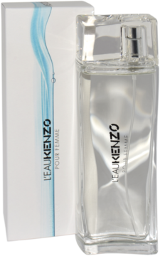 Kenzo L'eau Kenzo pour Femme: przezroczysta butelka perfum obok białego pudełka z motywem niebieskiej wody, widok z przodu.