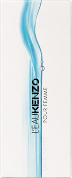 Białe pudełko wody toaletowej Kenzo L'eau Kenzo pour Femme, z błękitnym falistym wzorem, widok z przodu.