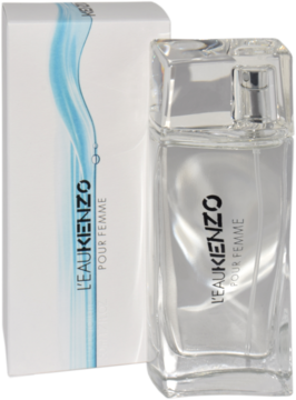 Kenzo L'eau Kenzo pour Femme: butelka świeżych perfum i białe pudełko z niebieskim wzorem wody.