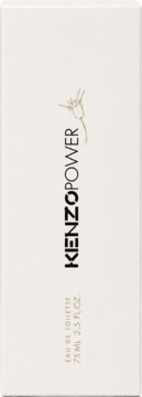 Biało-beżowe opakowanie Kenzo Power Eau de Toilette 75 ml, z czarnym pionowym napisem i złotym kwiatem.