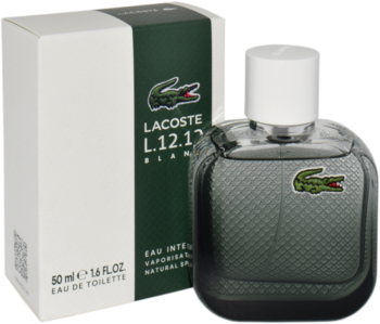 Perfumy Lacoste L.12.12 Blanc Eau Intense. Zielono-szara butelka z fakturą obok białego pudełka z zielonym paskiem.