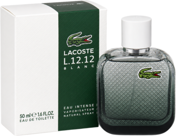 Lacoste L.12.12 Blanc Eau Intense, butelka perfum z zielonym logo krokodyla i białe pudełko, widok z przodu.