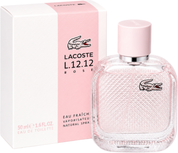 Perfumy Lacoste L.12.12 Rose Eau Fraîche 50ml, różowa butelka i biało-różowe pudełko, widok z przodu.