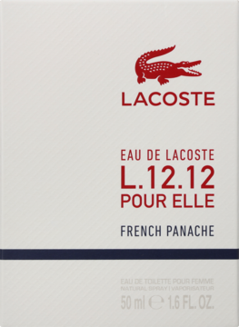 Lacoste L.12.12 Pour Elle French Panache, damska woda toaletowa, białe pudełko z czerwonym logo, widok z przodu.