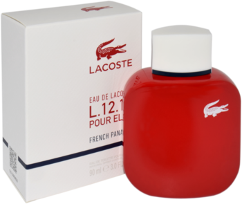Czerwony flakon perfum Lacoste L.12.12 Pour Elle French Panache z białym korkiem, obok białe pudełko.