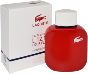 Czerwony flakon perfum Lacoste L.12.12 Pour Elle French Panache z białym korkiem, obok białe pudełko.