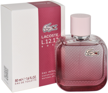 Lacoste L.12.12 Rose Intense EDT 50 ml w różowej butelce z fakturą i białym pudełkiem. Widok z przodu.