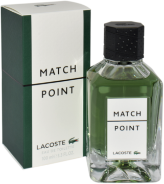 Zielona butelka wody toaletowej Lacoste Match Point z czarną nakrętką i białe pudełko, widok pod kątem.