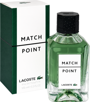 Męska woda toaletowa Lacoste Match Point 100ml, zielona butelka z czarnym korkiem i zielono-białe pudełko, widok z przodu.