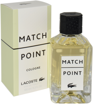 Męska woda toaletowa Lacoste Match Point Cologne: szklana butelka z czarną nakrętką i kremowe pudełko z logo krokodyla, widok przód.