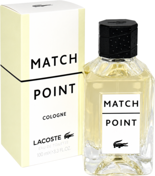 Męska woda toaletowa Lacoste Match Point Cologne: butelka obok kremowego kartonika. Jasny flakon z czarną zakrętką, biała etykieta.