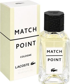 Lacoste Match Point Cologne męska woda toaletowa: przezroczysta butelka z czarnym korkiem, obok beżowe pudełko, widok z przodu.