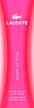 Jasnoróżowe opakowanie Lacoste Touch of Pink Eau de Toilette Pour Femme, z białym logo krokodyla.