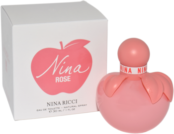 Nina Rose, perfum w różowej butelce w kształcie jabłka z liśćmi, obok białe pudełko z grafiką jabłka. Widok z przodu.