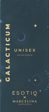 Dark teal Galacticum Esotiq Marcelina Zawadzka unisex Eau de Parfum box with cosmic motifs, front view.