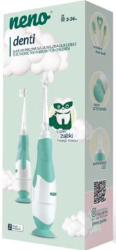 Elektroniczna szczoteczka Neno Denti dla dzieci 3-36m, w miętowo-białym opakowaniu z LED i przyssawką.