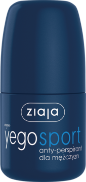 Ciemnoniebieski anty-perspirant roll-on Ziaja Yego Sport dla mężczyzn. Białe logo i napisy, widok z przodu.