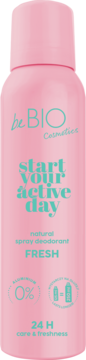 Różowy spray dezodorant be BIO Start Your Active Day Fresh, naturalny, 24H ochrony, bez soli aluminium.