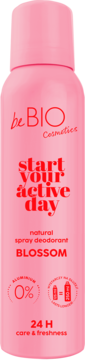 Różowy dezodorant Be BIO Blossom "Start Your Active Day" w sprayu, 0% aluminium, widok z przodu.