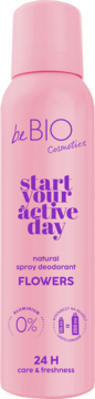 Różowy dezodorant be BIO Flowers Start Your Active Day, butelka z fioletowym napisem, widok z przodu, 0% aluminium.