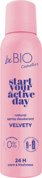 Różowy dezodorant w sprayu beBIO Start Your Active Day Velvety, 0% aluminium, widok z przodu.