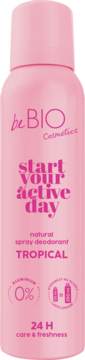 Różowy dezodorant beBIO Start Your Active Day Tropical w sprayu, 0% aluminium, 24H, widok z przodu.