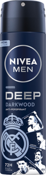 NIVEA MEN DEEP Darkwood antyperspirant 72H w ciemnym sprayu, z logo Real Madrid i sylwetkami piłkarzy.