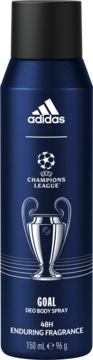 Adidas UEFA Champions League Goal dezodorant w sprayu, ciemnoniebieska puszka z trofeum i logo, widok z przodu.
