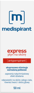 Białe opakowanie Medispirant Express w płynie, z logo 'm' i czerwonymi napisami, widok z przodu.