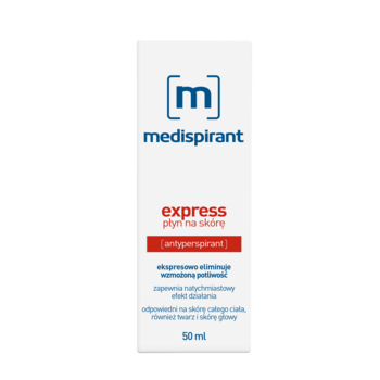 Białe opakowanie antyperspirantu Medispirant Express płyn na skórę 50ml, z niebieskim logo, widok z przodu.