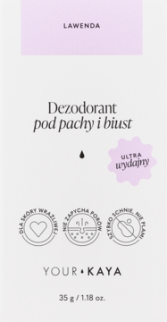 Dezodorant w sztyfcie Your Kaya Lawenda, 35g, w białym pudełku z fioletem, dla wrażliwej skóry, nie plami.