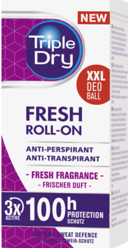 Triple Dry Fresh roll-on antyperspirant, 100h ochrony, biało-fioletowe opakowanie z dużym aplikatorem, widok z przodu.