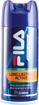 Fila Long Lasting Active męski dezodorant w sprayu 0% aluminium, niebieski, widok z przodu.