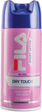 Różowy dezodorant Fila Dry Touch w sprayu, z niebieską nakrętką i białym logo, widok z przodu, bez aluminium.