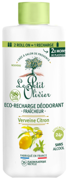 Le Petit Olivier Eco-Recharge dezodorant Werbena Cytryna, biała butelka z zieloną nakrętką, widok z przodu.