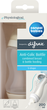 Białe opakowanie Canpol Babies Difrax Anti-Colic S-shape 200ml, z butelką widoczną przez przezroczyste okno.