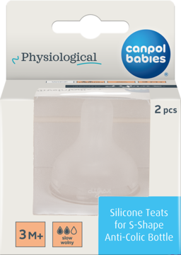 Białe opakowanie z dwoma fizjologicznymi smoczkami Canpol Babies, silikonowe, S-Shape, anti-colic, 3M+, wolny.