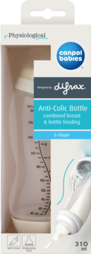 Canpol babies Difrax Anti-Colic S-shape bottle 310ml in white and blue packaging, visible with measurements.