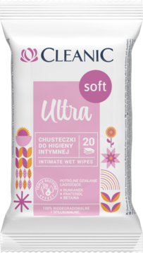 Białe opakowanie chusteczek Cleanic Ultra Soft do higieny intymnej, 20 sztuk, z różowymi napisami i kwiatami.