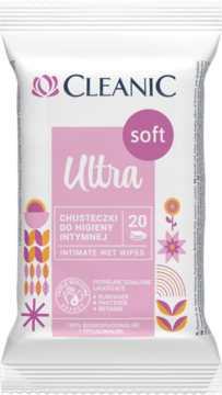 Białe opakowanie chusteczek Cleanic Ultra Soft do higieny intymnej, 20 sztuk, z różowymi napisami i kwiatami.
