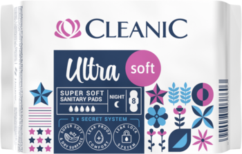 Opakowanie podpasek Cleanic Ultra Soft Night, białe z kolorowymi detalami i napisem leak lock, widok z przodu.