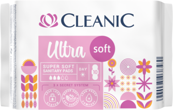Biało-różowe opakowanie podpasek Cleanic Soft Ultra Day, 10 szt., z napisem Cleanic i kwiatowym wzorem.
