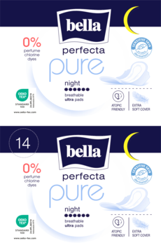 Dwa opakowania podpasek Bella Perfecta Pure night, oddychające i bez substancji zapachowych, widok z przodu.