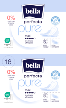 Dwa opakowania podpasek Bella Perfecta Pure maxi, białe, bez zapachu i chloru, widok z przodu.