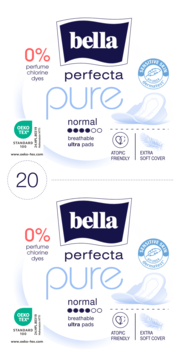 Podpaski Bella Perfecta Pure normal, dwa biało-niebieskie opakowania, bez perfum i chloru, 20 sztuk, widok z przodu.